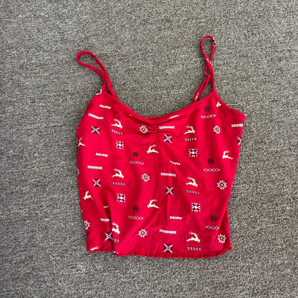SKIMS Sleep 7819W Cami Cranberry Vintage Deer Print Red Holiday Reindeer Top XXS
